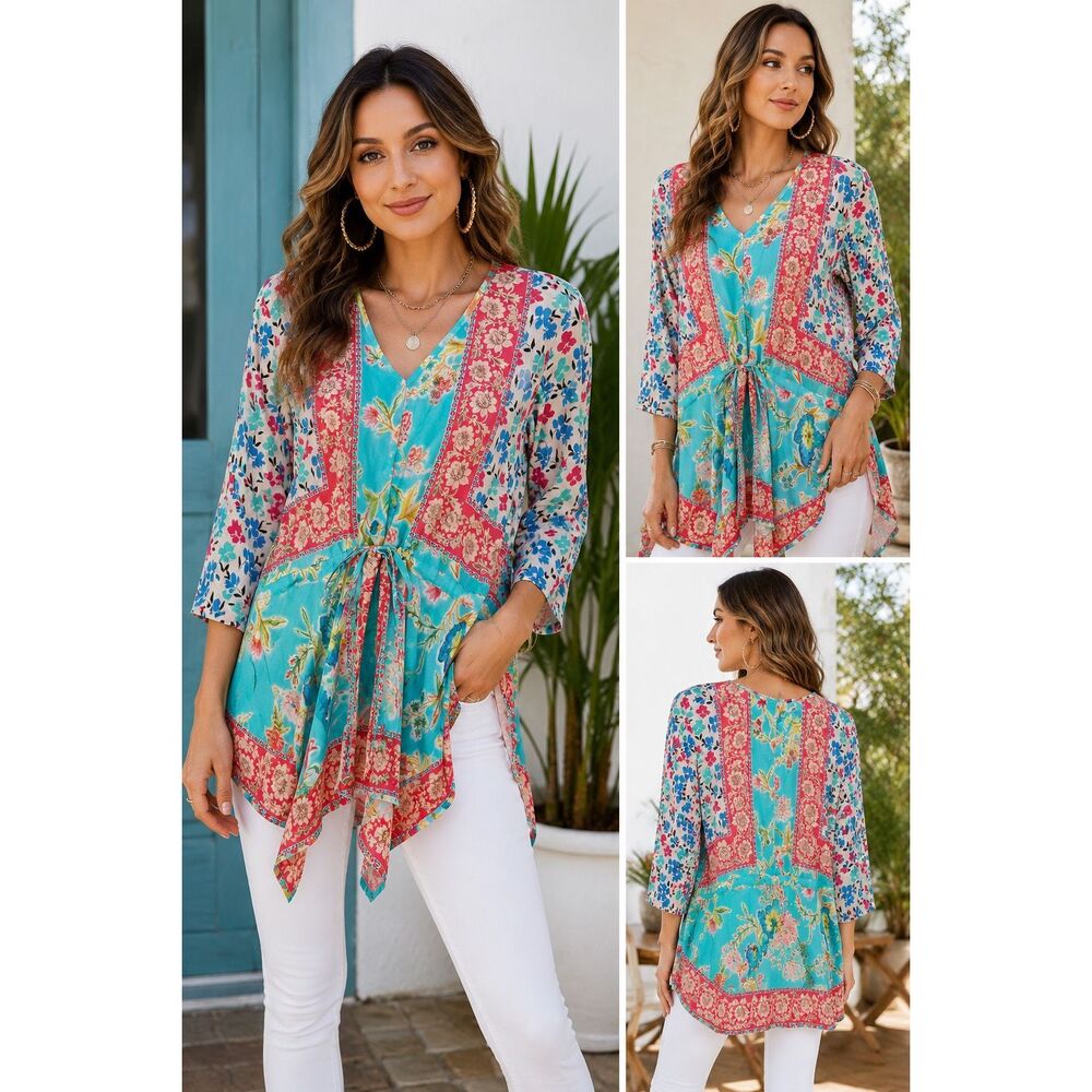 Tolani Vittoria Aqua Floral Modal Tunic Blouse NWT Large Boho Handkerchief Hem